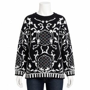 Bramble Lane Sweater Womens Medium Black White Graphic Knit Embroidered Vintage‎